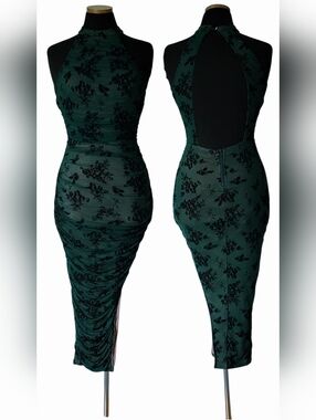 Privy Halter Sheer Velvet Embroidery Aysmetrical Back Out Zip Dress